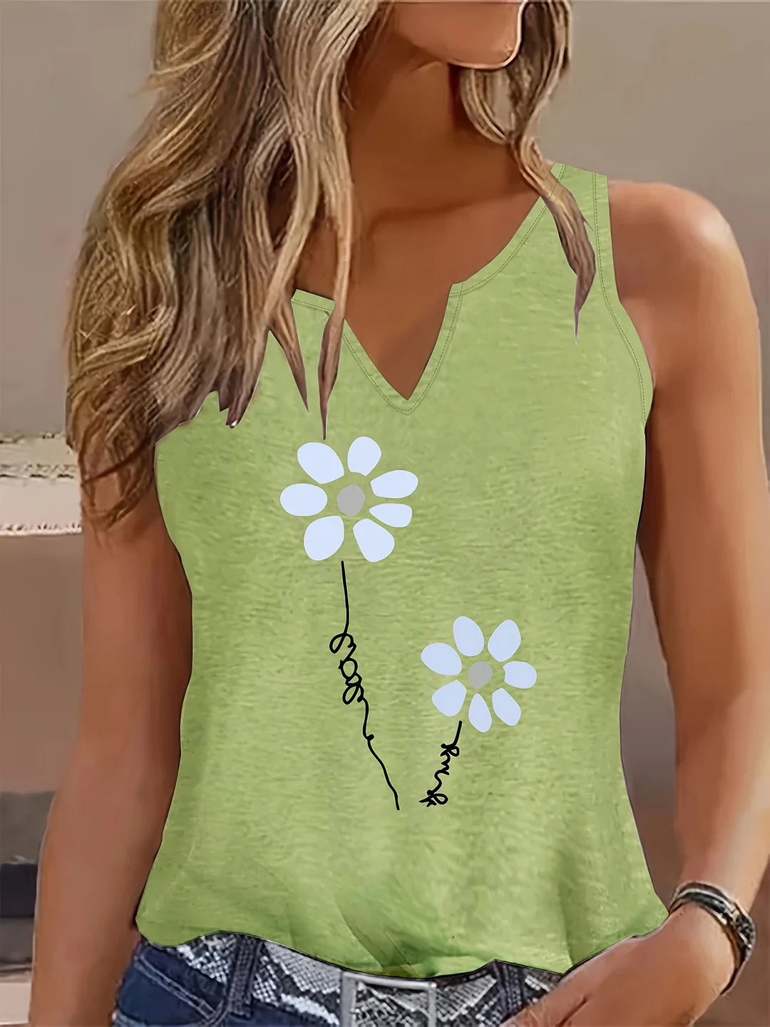 Women's Casual Sleeveless Double V-Neck Tank Top - Lightweight Stretchy Non-Transparent Fabric, Machine Washable All-Season Versatile Wear With Blue Floral & Letter Print, Ladies Tank Tops, Everyday Outfit, Trendy Print, Comfortable Fit, Summer Wardrobe | IFYHOME
