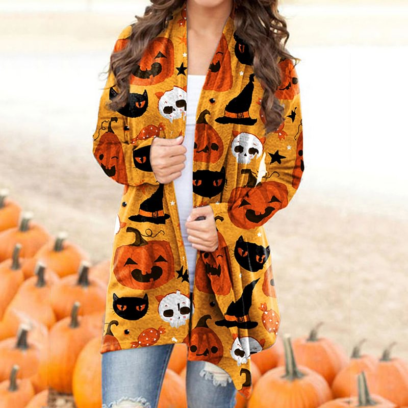 Skull Pumpkin Witch Hat Halloween Elements Long Sleeve Knit Cardigan