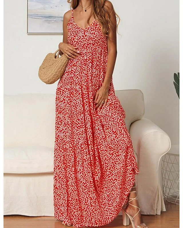 Women's Strap Dress Maxi Long Dress Sleeveless Print Hot Red Navy Blue
