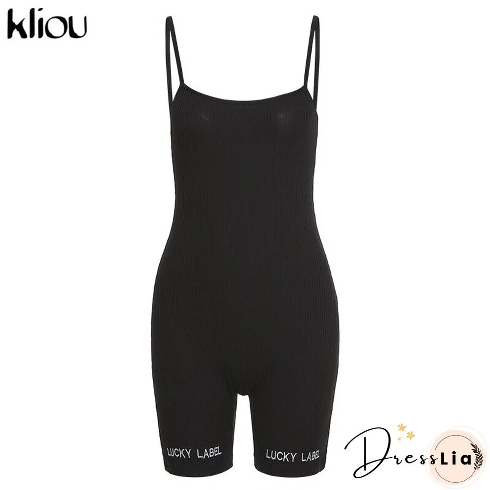 Kliou suspenders rompers women summer playsuit slash neck Letters Embroidery elastic streetwear ribbed sleeveless slim