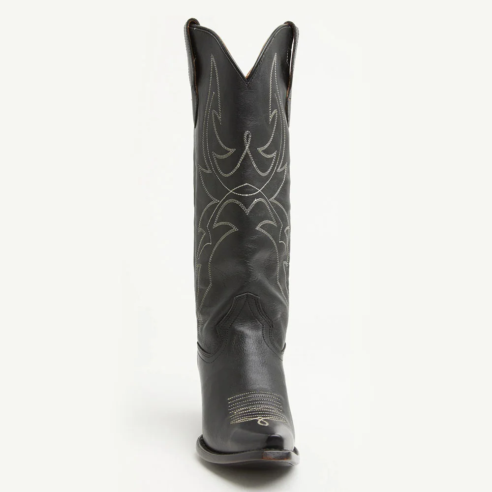 Snip Toe Chunky Heel Knee High Stitching Western Boots in Black