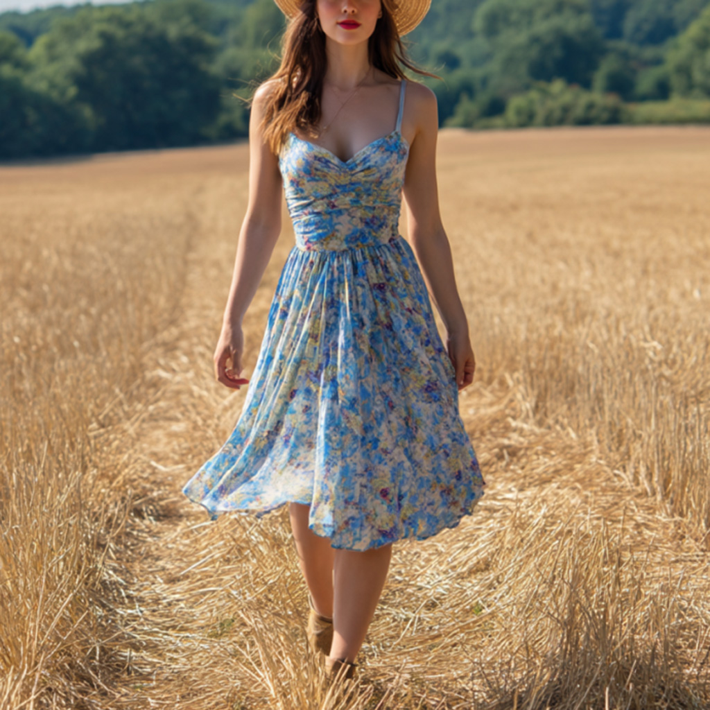 Charming Floral Dress In A Golden Field