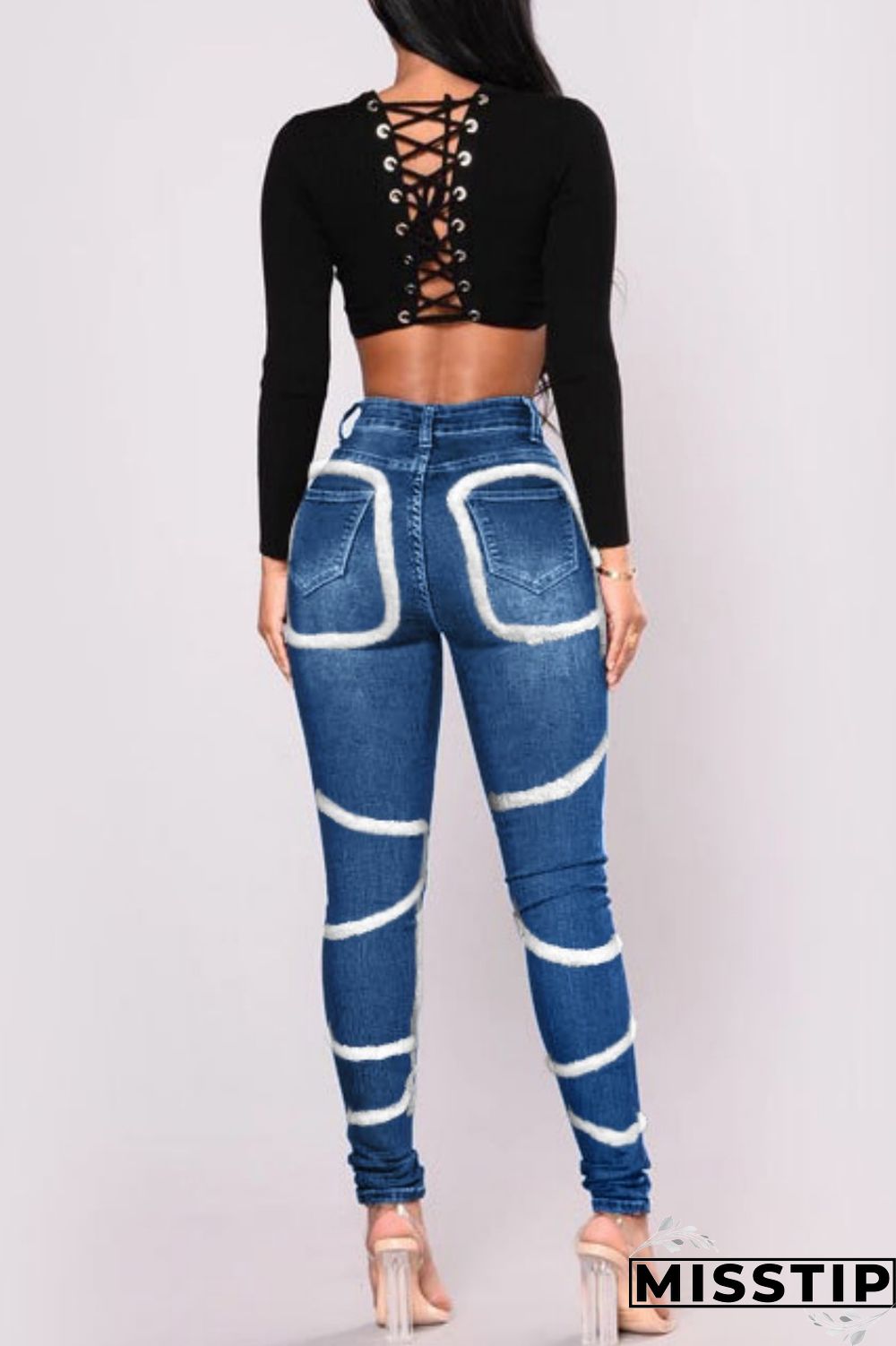 Light Blue Casual Solid Patchwork Mid Waist Regular Denim Jeans