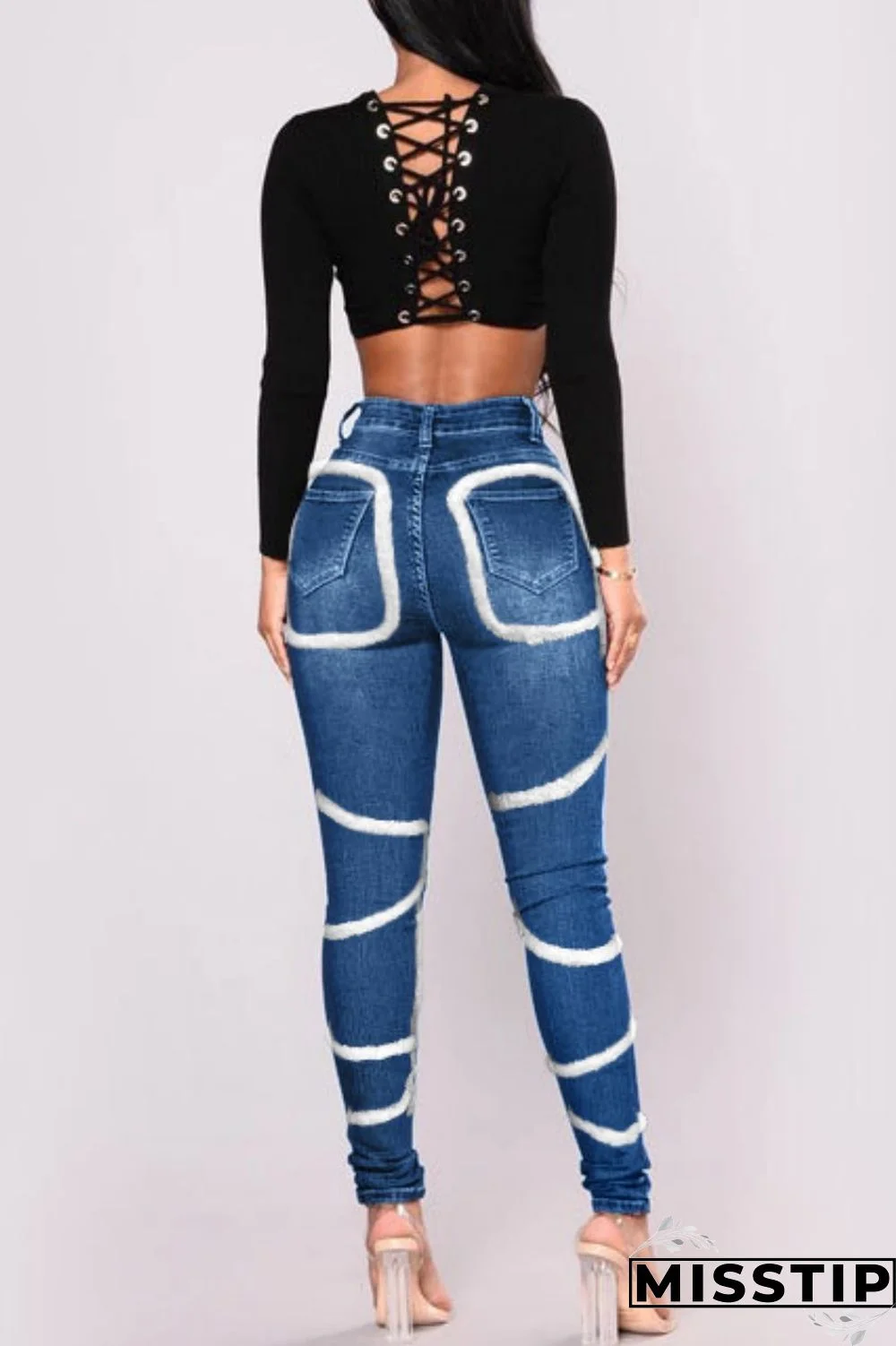 Light Blue Casual Solid Patchwork Mid Waist Regular Denim Jeans