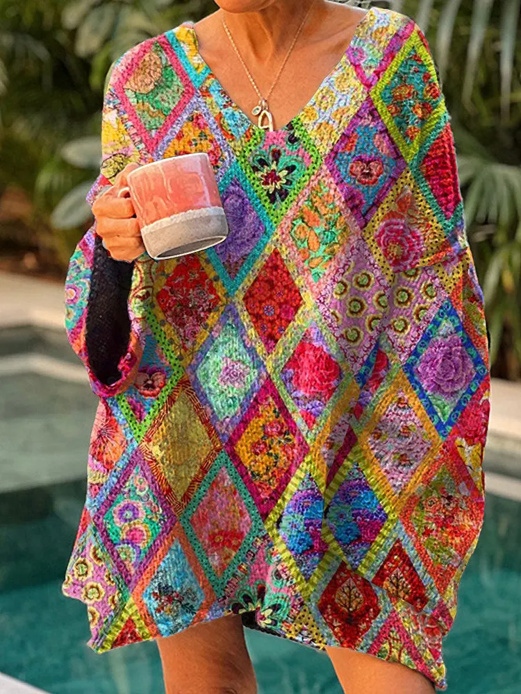 Women's Vintage Abstract Geometric Art Print Casual Pullover Sweater