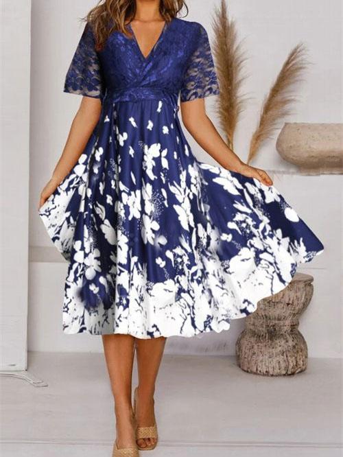 Women's Short Sleeve V-neck Floral Printed Lace Stitching Midi Dress