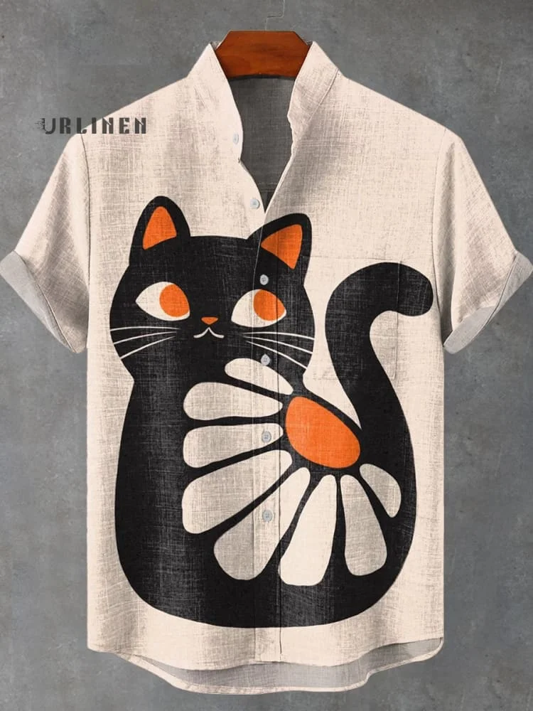 Cute Black Cat Art Flower Geometry Print Casual 100% Cotton Shirt