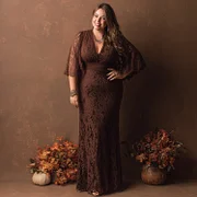 coffee lace dress Party Dress Maxi Coffee Brown Off-The-Shoulder Lace Long Sleeves Shaping Elegant Semi Formal Dress