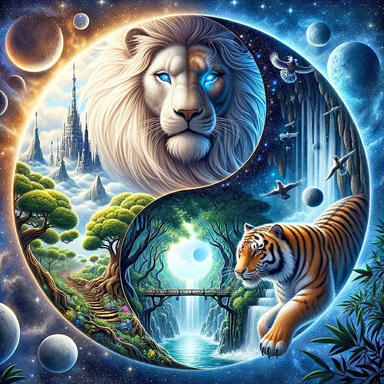 Yin Yang Diagram White Lion And Tiger 40*40CM (Canvas) Full Round Drill Diamond Painting gbfke