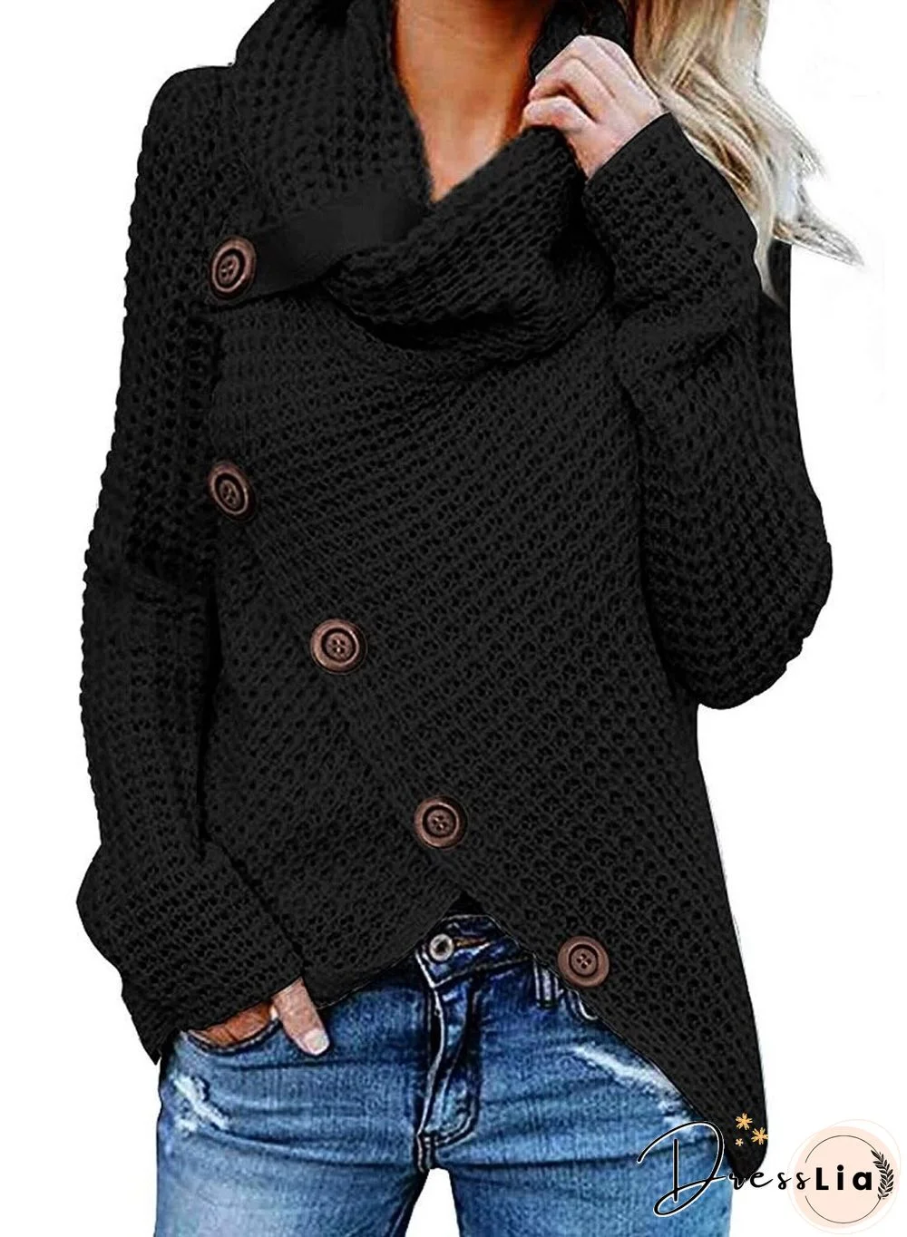 Newest Women Sweater New Five Button High Neck Pullover Solid Color Women Sweaters Solid Color Tops Oversize Style