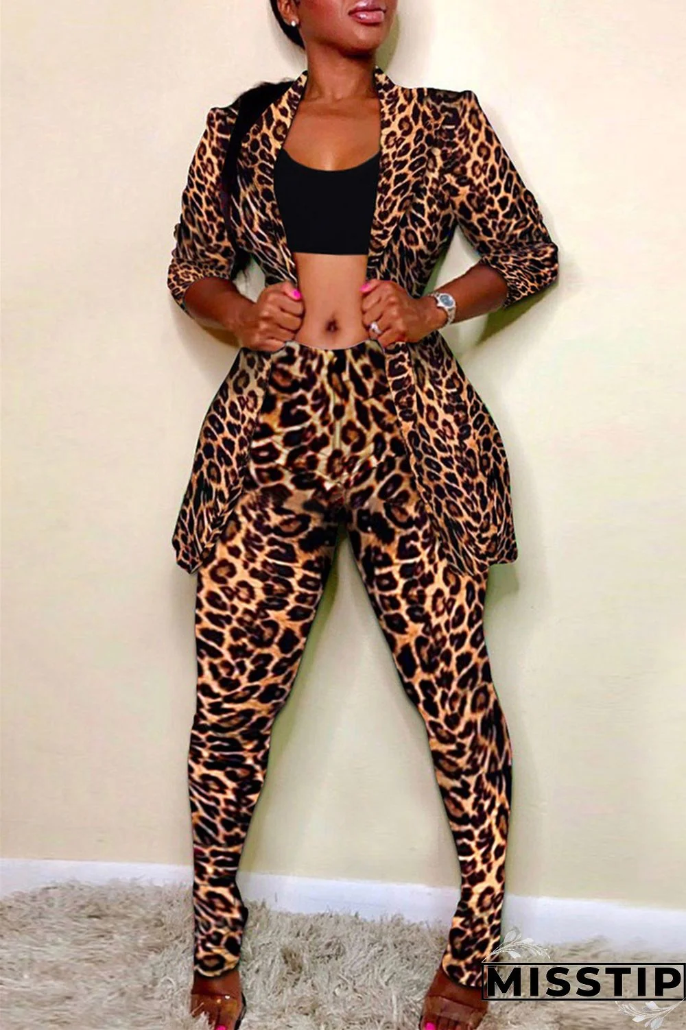 Colour Fashion Casual Print Cardigan Pants Turndown Collar Long Sleeve Two Pieces