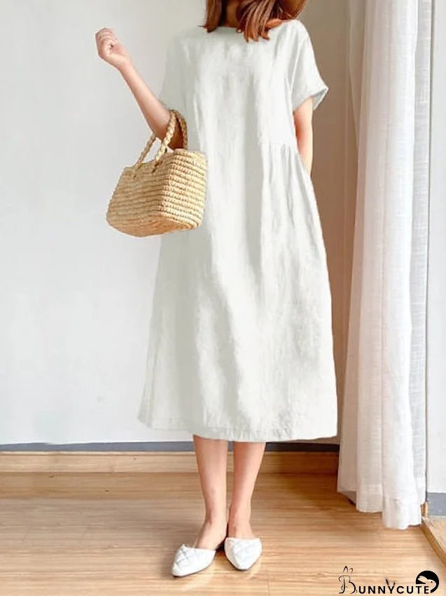 Casual Dress Linen Dress Midi Dress White Red Navy Blue Short Sleeve Pure Color Pocket Spring Summer Crew Neck Casual Loose Fit M L XL 2XL 3XL 4XL for Women