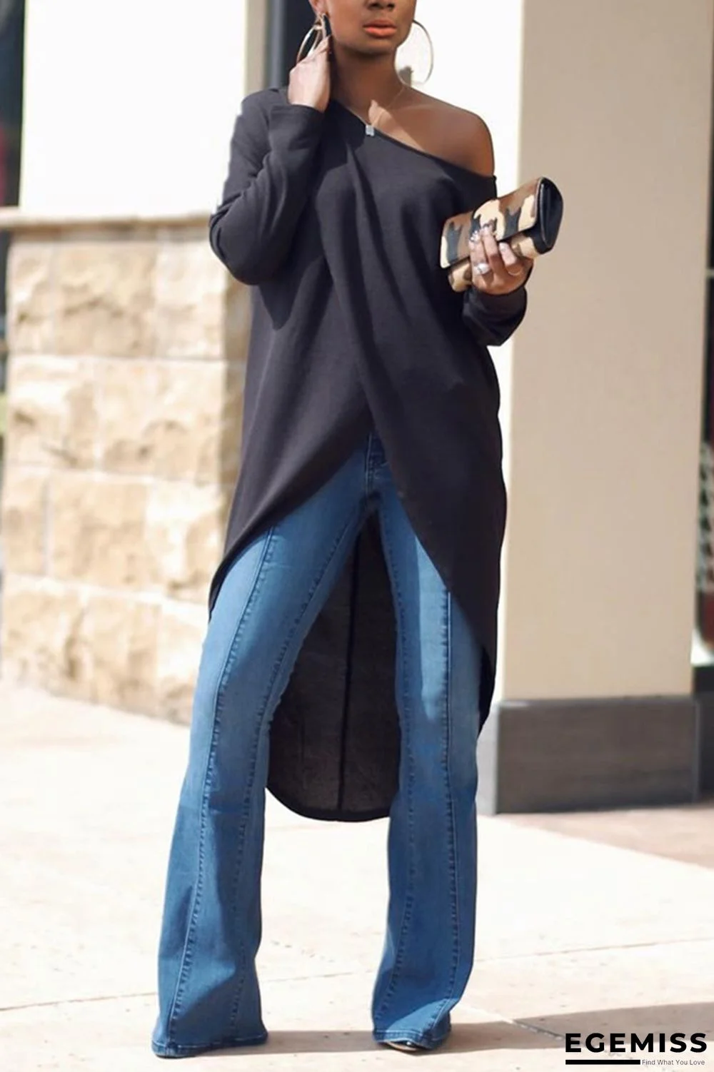 Black adult Casual Fashion Cap Sleeve Long Sleeves O neck Asymmetrical Mid-Calf asymmetrical hol | EGEMISS