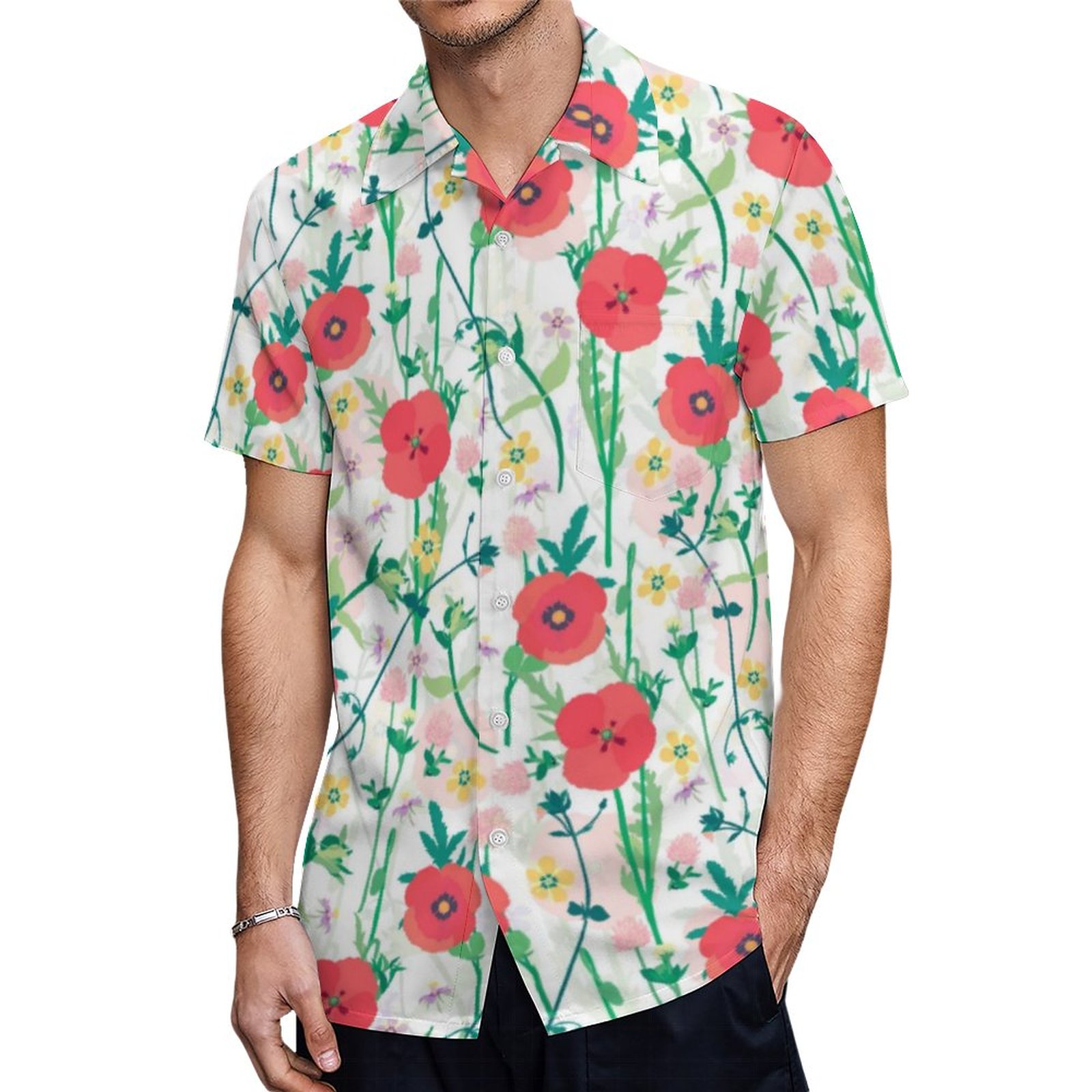Summer Meadow Floral Nature Illustration | Men's Tropical Print Hawaiian Beach Vacation Shirt | Jeans With Hawaiian Shirt,Biker Hawaiian Shirts,Hawaii Beach Attire