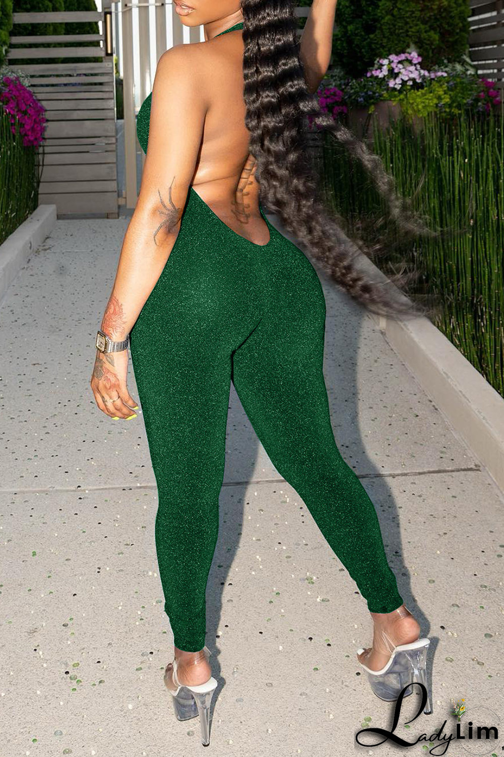 Pink Sexy Solid Patchwork Halter Skinny Jumpsuits