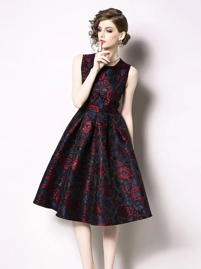 Temperament color big swing sleeveless vest jacquard dress