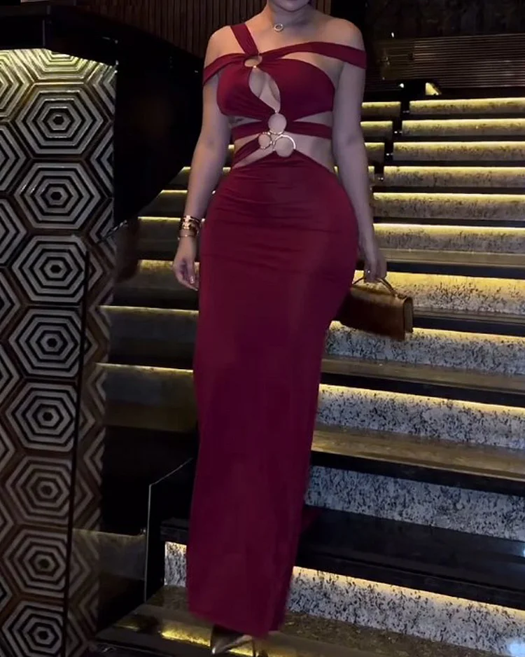 One-shoulder hollow solid color slit dress
