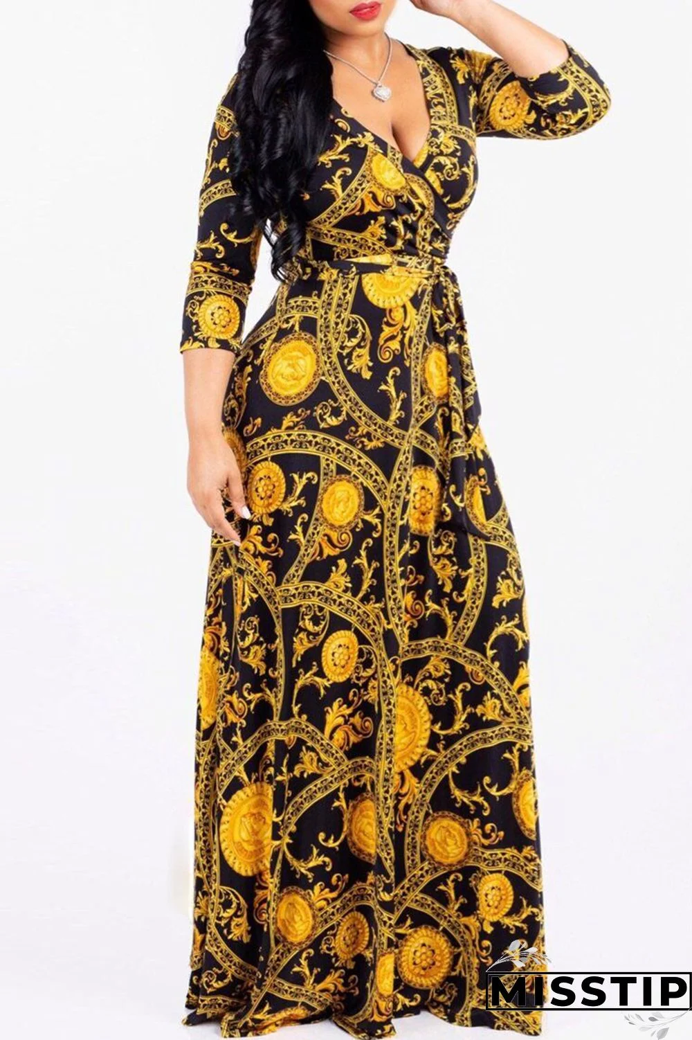 Blue Fashion Casual Print Bandage V Neck Long Sleeve Dresses