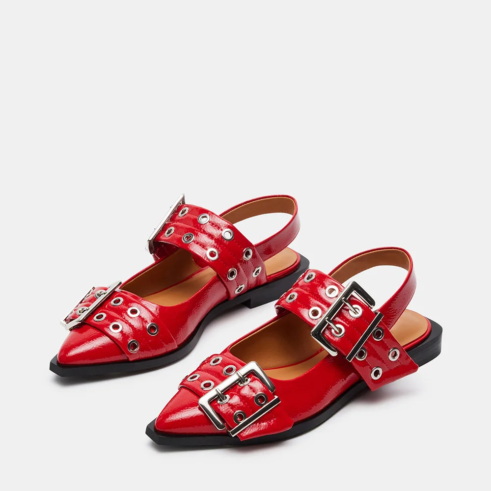 FSJ Red Pointed Toe Slingback Shoes Stylish Buckle Flats Nicepairs