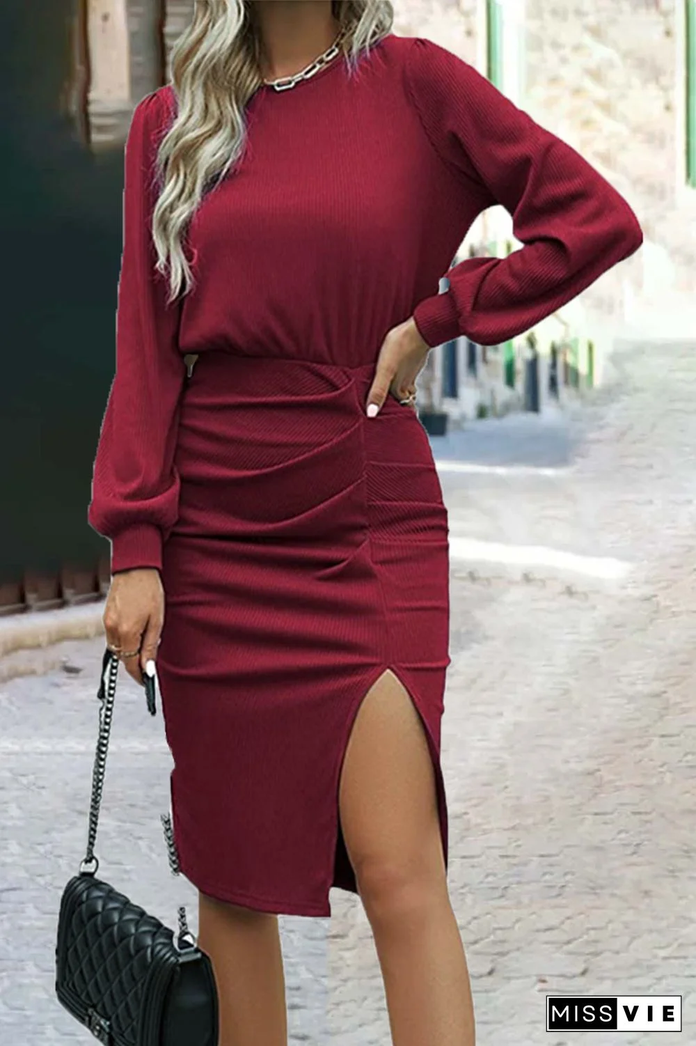 Fashion Solid O Neck One Step Skirt Dresses(6 Colors)