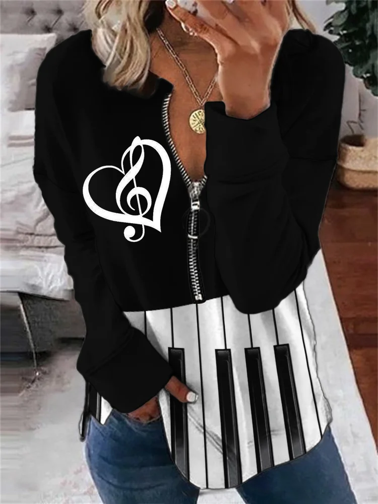 Treble Note Heart Piano Contrast Zip Up Sweatshirt