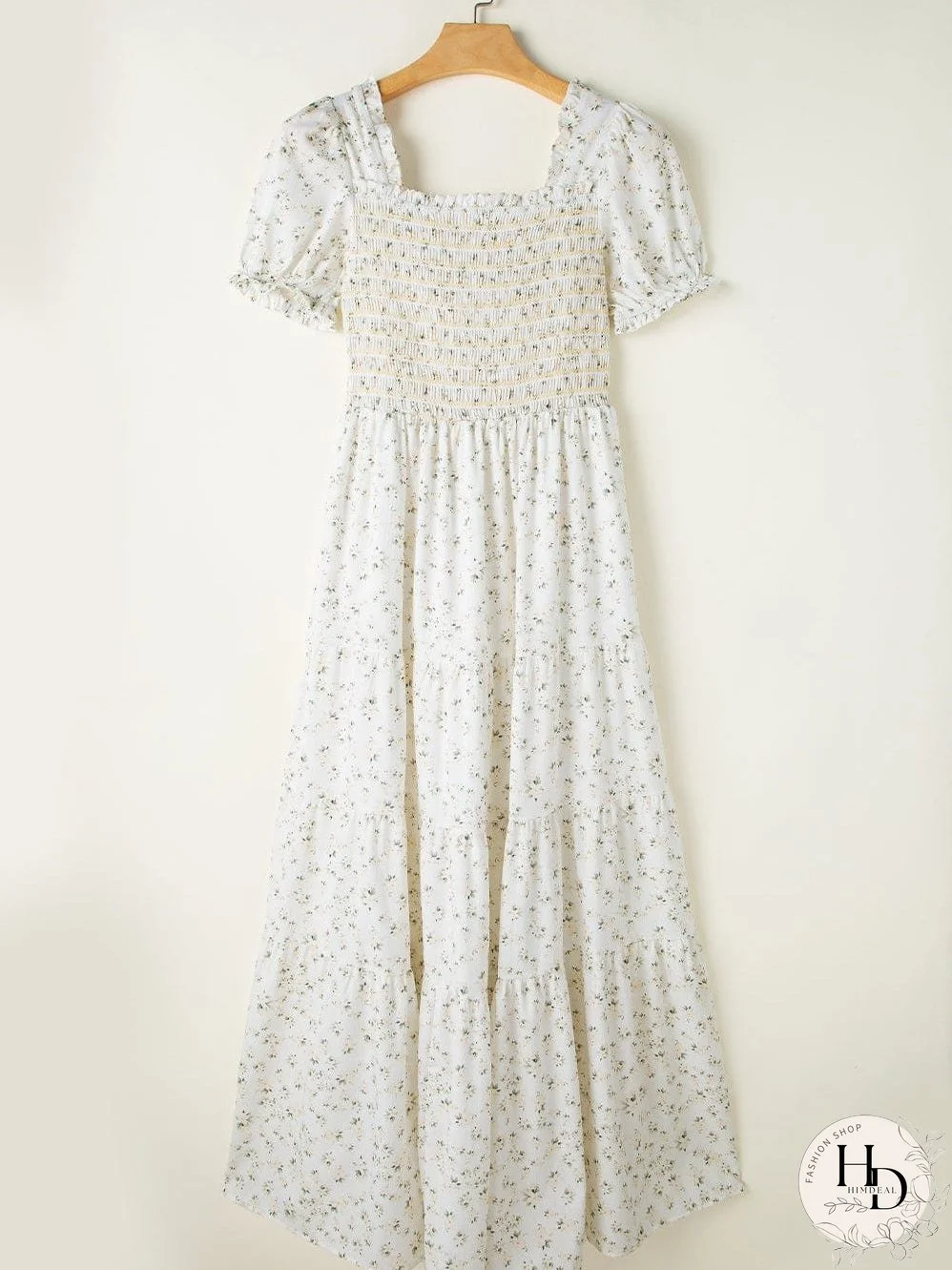 Floral Tiered White Maxi Dress with Shirred Bodice