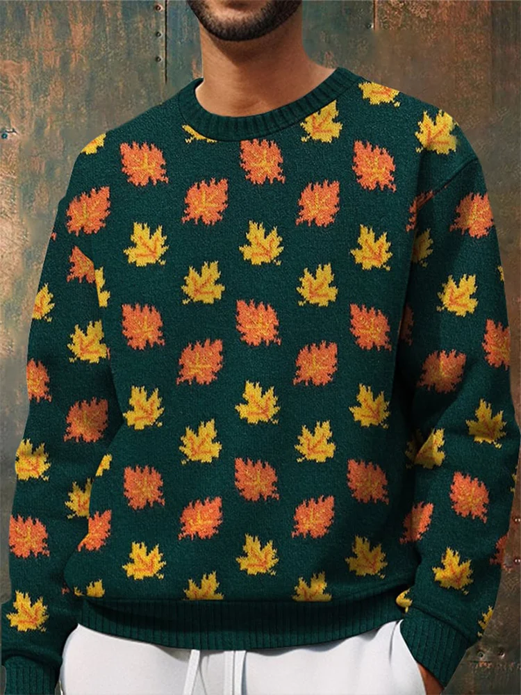 Men's Halloween Maple Leaf Design Printed Crew Neck Sweatshirt