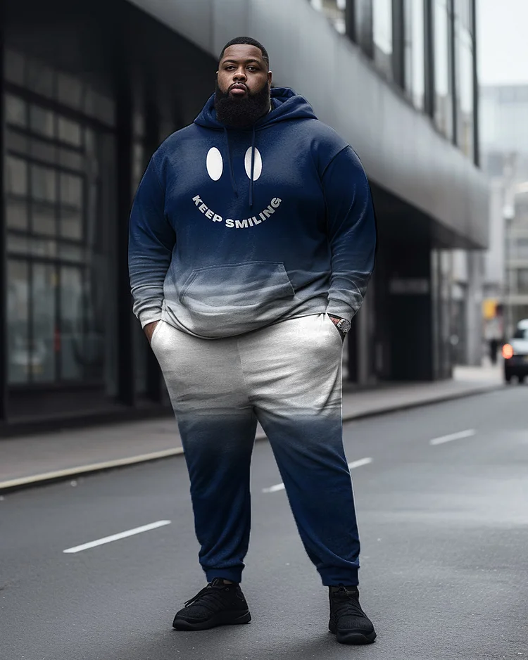 Men's Plus Size Gradient Smiley Casual Hoodie and Sweatpants Two Piece Set