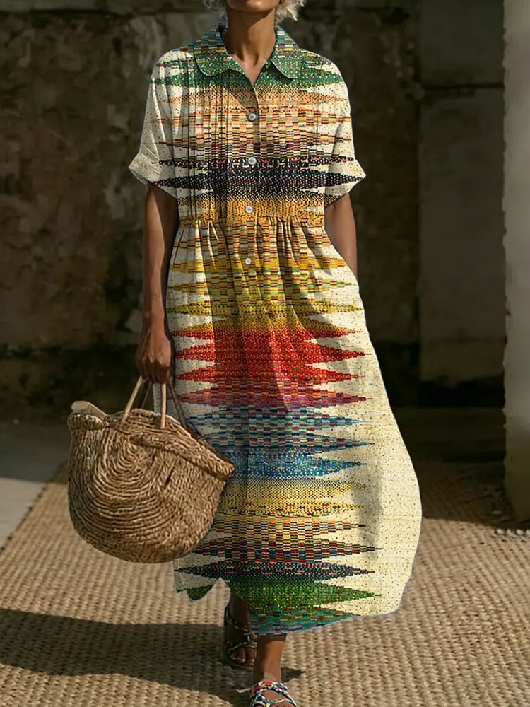 Women's Abstract Geometric Art Print Casual Short Sleeve Small Collared Linen Dress