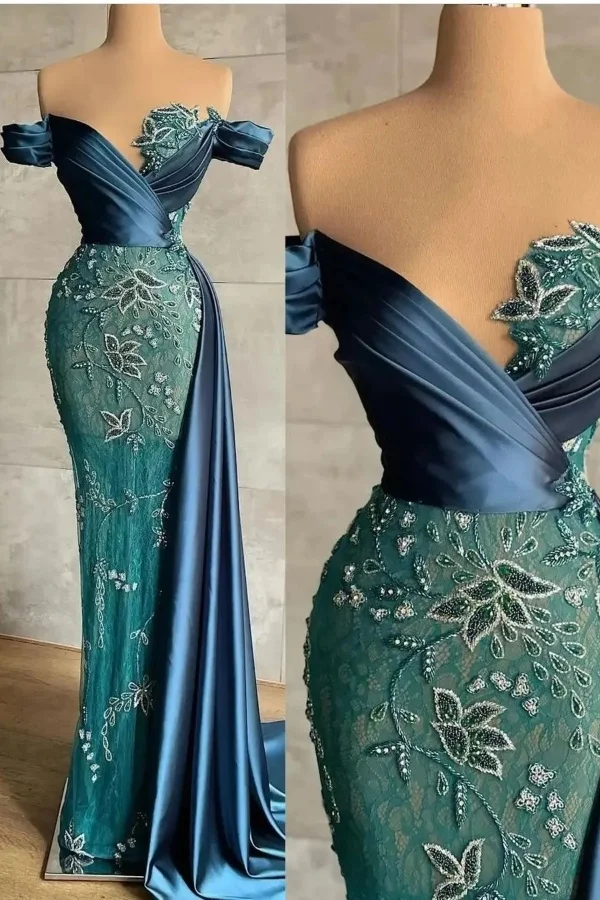 Lisliy Elegant Off-The-Shoulder Embroidery Embellished Satin Lace Prom Dress in Deep Teal 