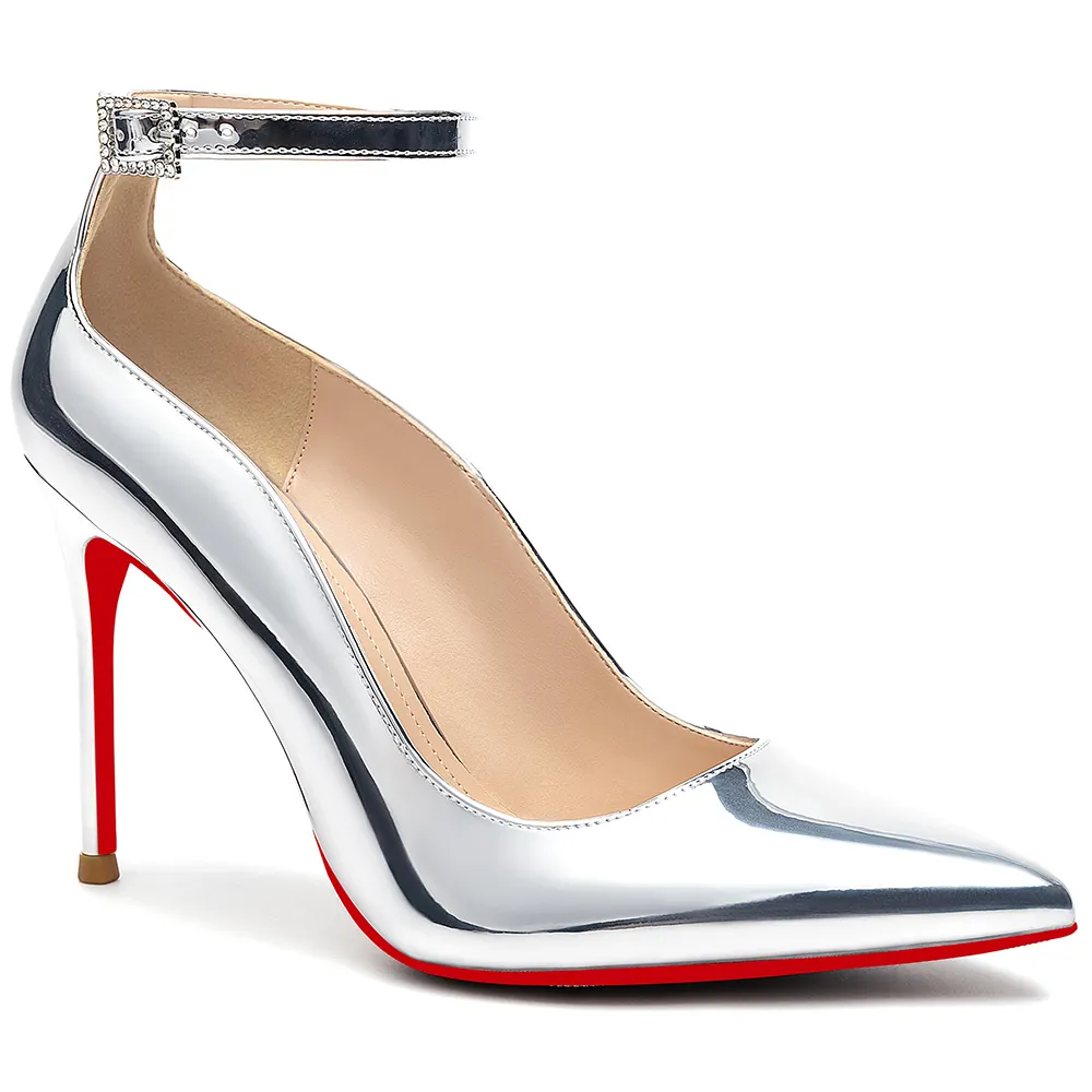 100mm Women's Wedding Party Heels Classic Color Red Bottom Patent Ankle Strap Pumps -vocosishoes