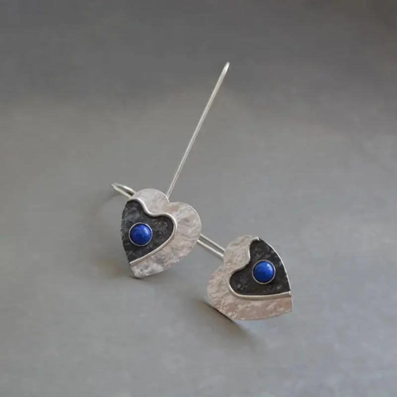 Vintage Metal Craftsman Carved Heart Earrings Lapis Lazuli Women's Hook Drop Earrings