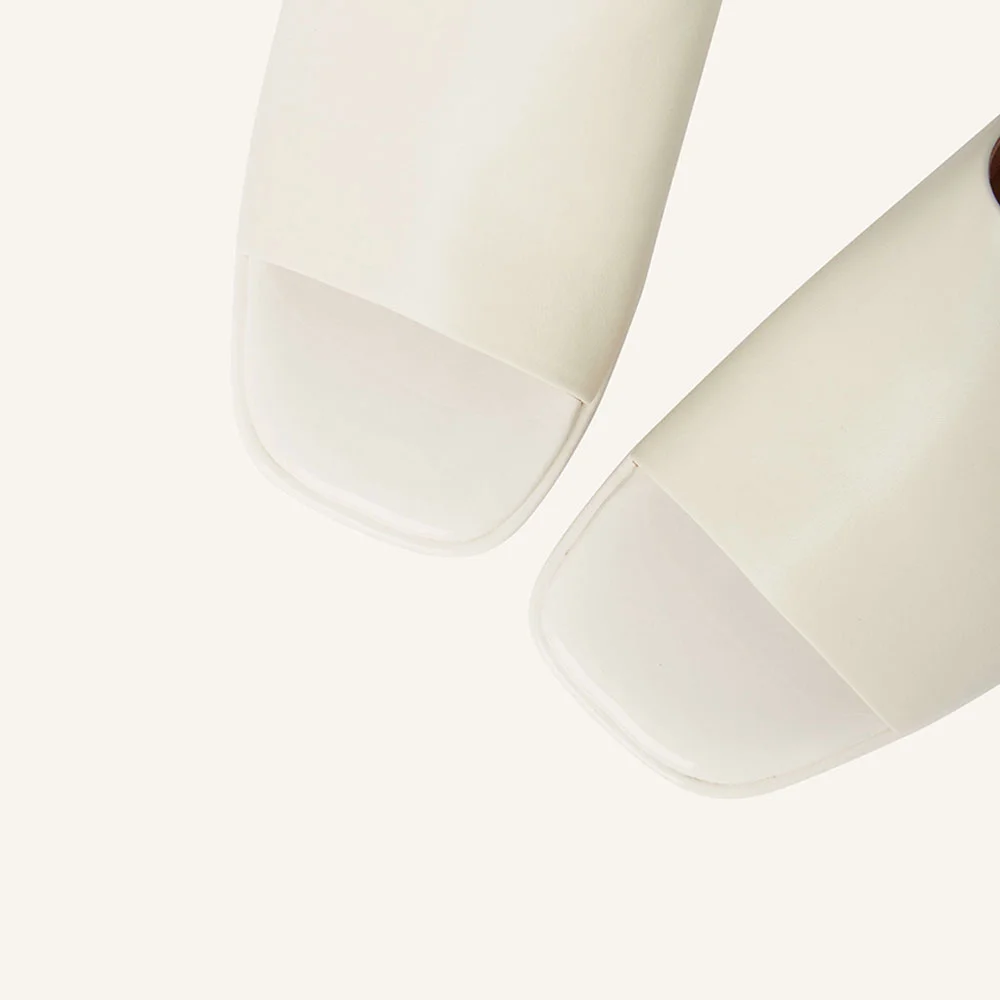 Ivory Open Square Toe Block Heel Simple Platform Slide Sandals
