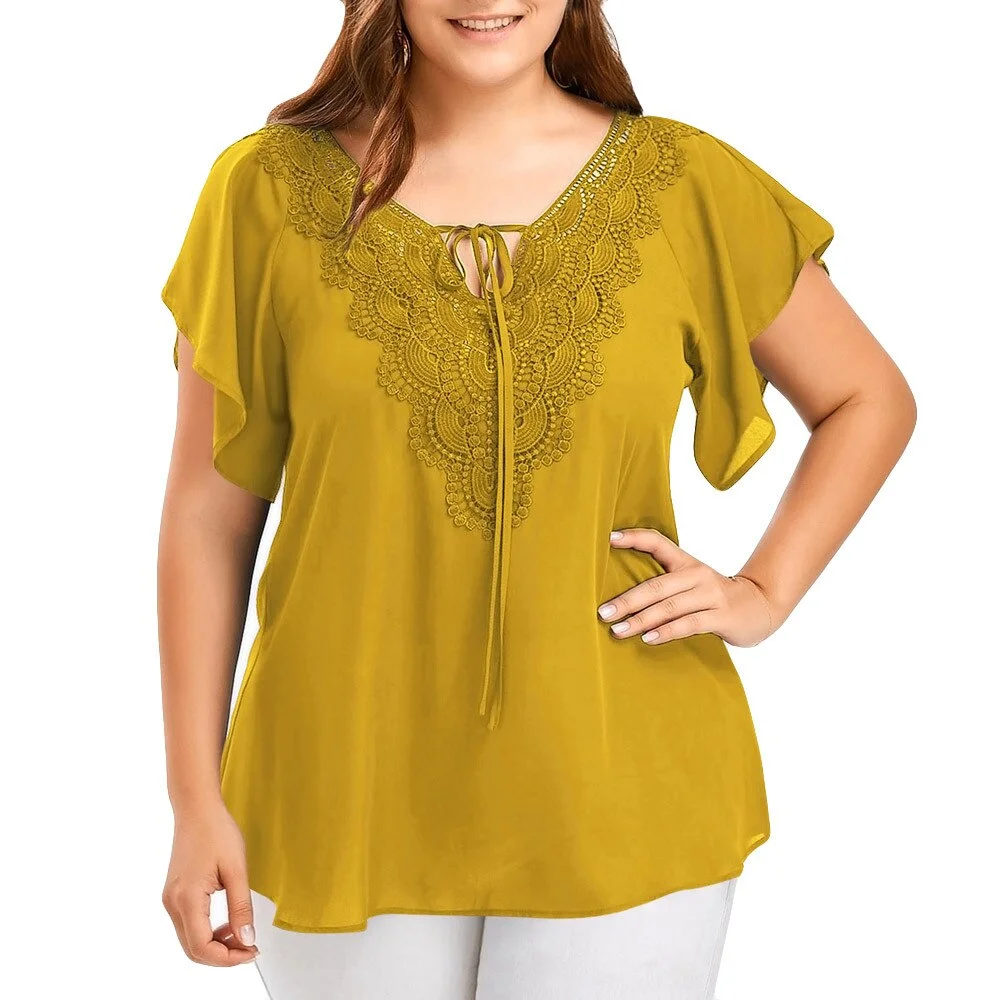 Feitong Plus Size Summer Fashion Women Lady Chiffon Lace V-Neck Ladies Loose Shirt Tops Casual Short Sleeve Blouse Female Blusa