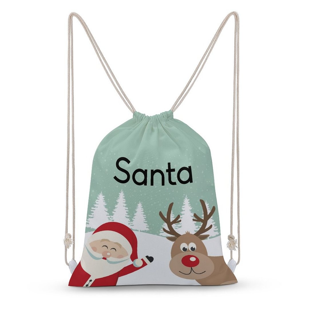 Custom Santa And Reindeer Green Drawstring Backpack