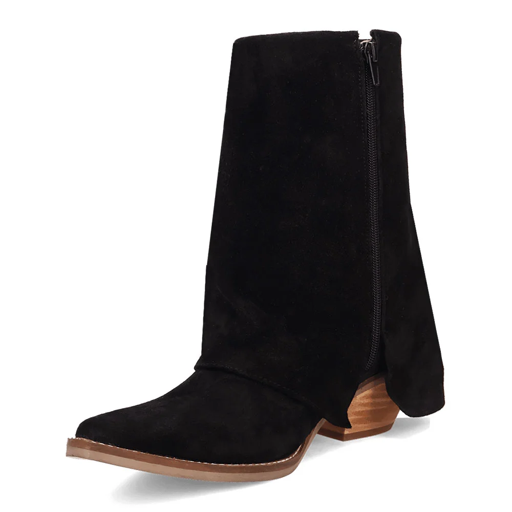 Black Vegan Suede Almond Toe Chunky Heel Fringe Fold Over Boots