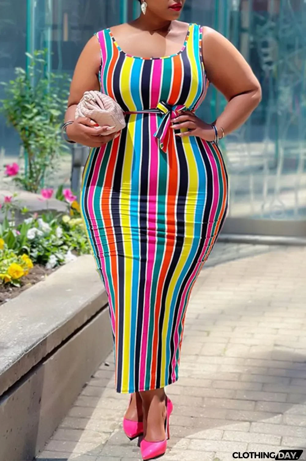 Colour Fashion Casual Plus Size Striped Print Basic O Neck Vest Dress