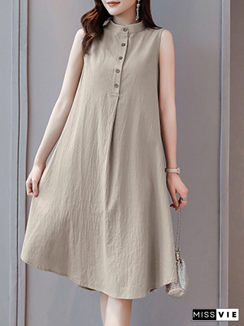 Solid Stand Collar Button Sleeveless Dress For Women