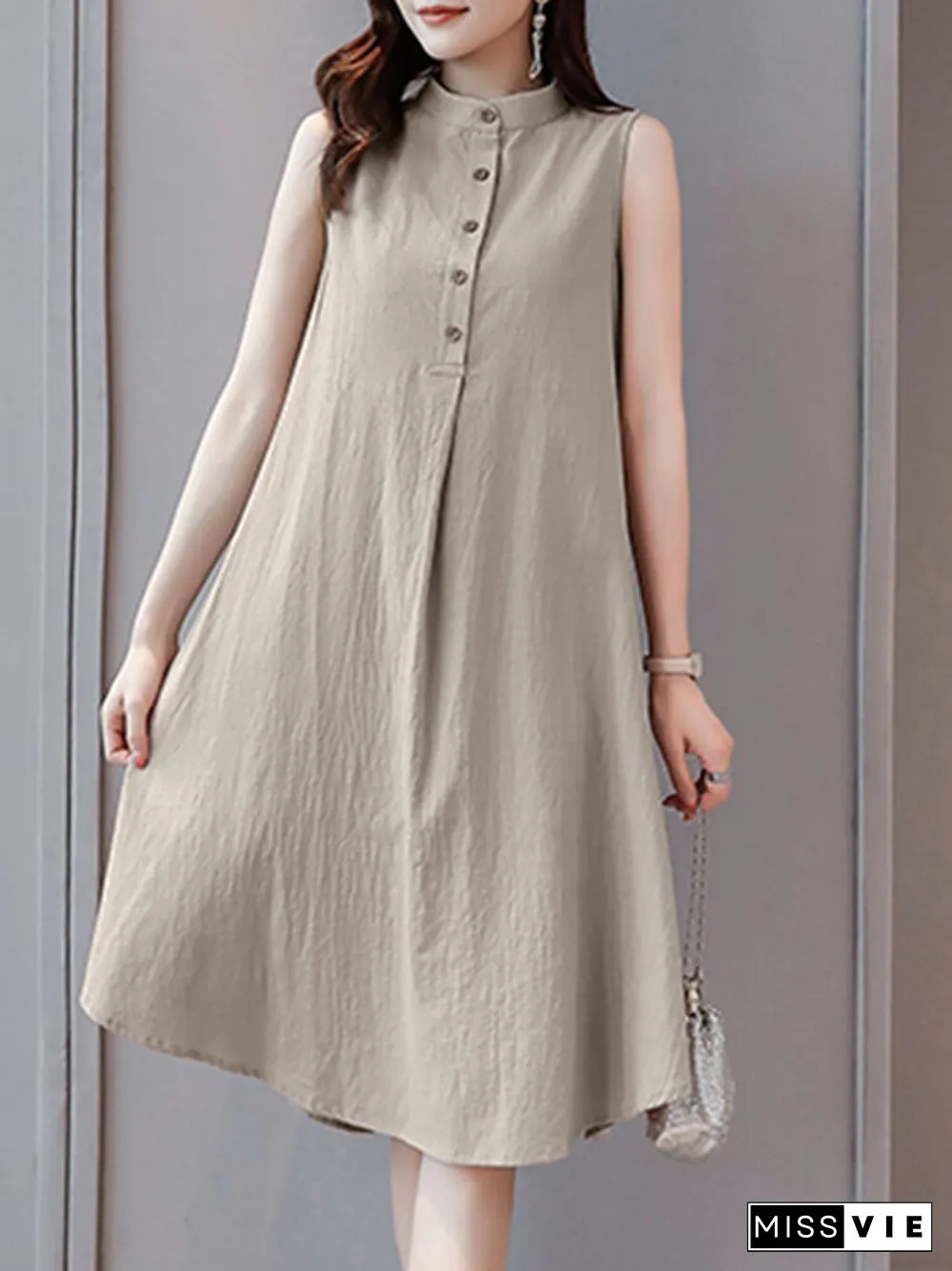 Solid Stand Collar Button Sleeveless Dress For Women