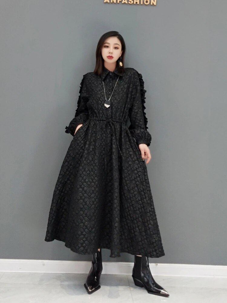 The spring of the new red long-sleeved dress jacquard luxuriant dress loose big yards of female temperament