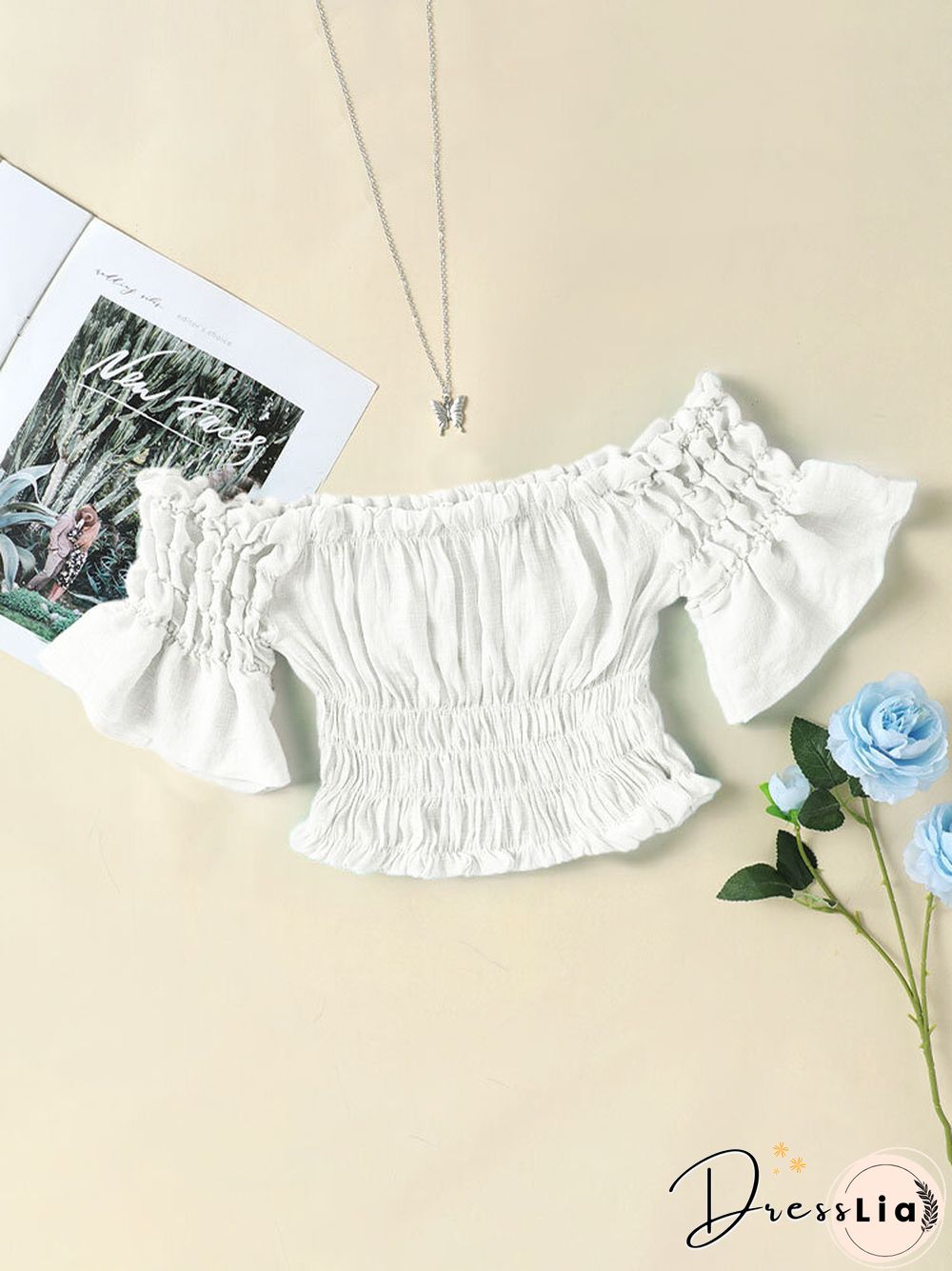Solid Elastic Waist Bell Sleeve Off Shoulder Crop Top