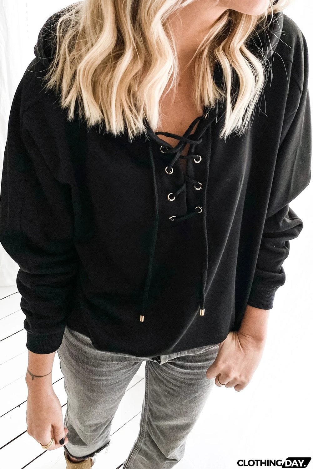 Casual Solid Color Lace-up Hoodie