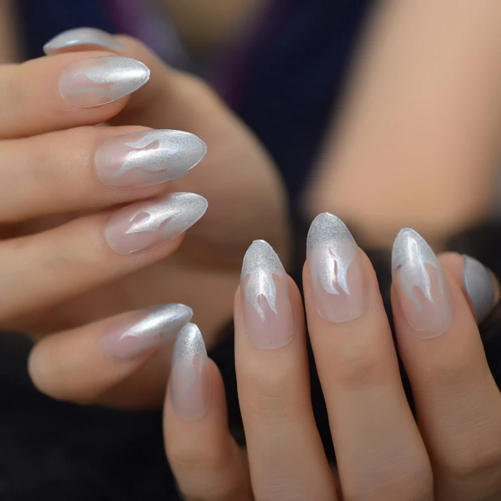 Extra long Stiletto Grey Marble Fake Nails Stone Pattern Pointed Dark Shiny Long Press On False Nails for Finger 24 Count-Nail Inspo