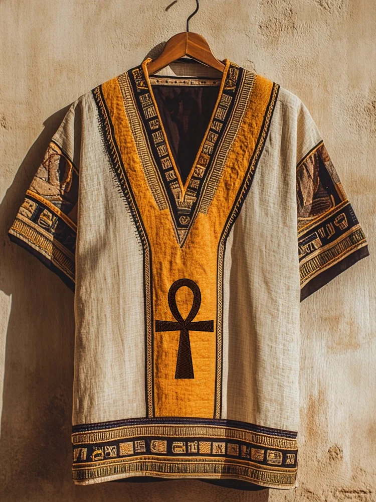Men's Egyptian African Ankh Art Print Linen T-shirt / Rvogue / Rvogue