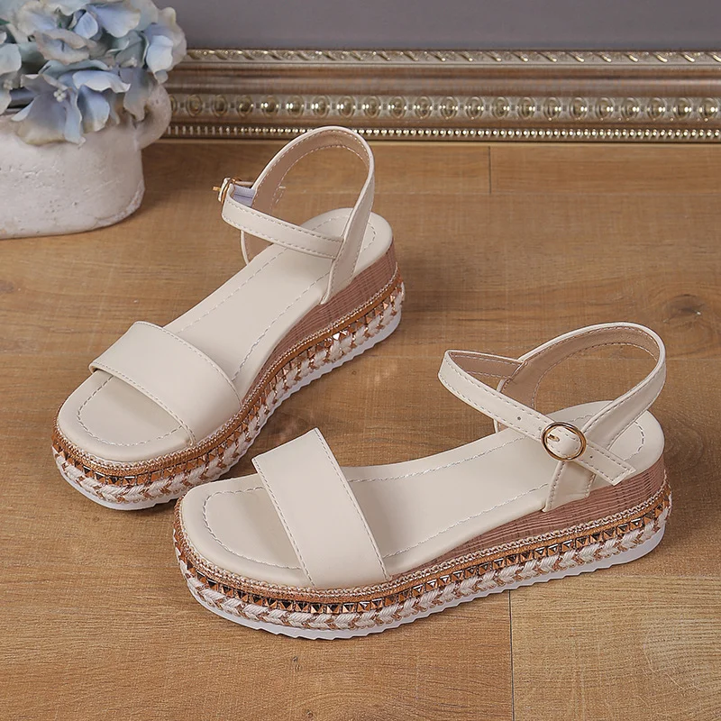 Yyvonne Summer New Pine Cake Dew Sandals With High Heel Lady Fashion Thick Bottom Slope Heel Women's Shoes