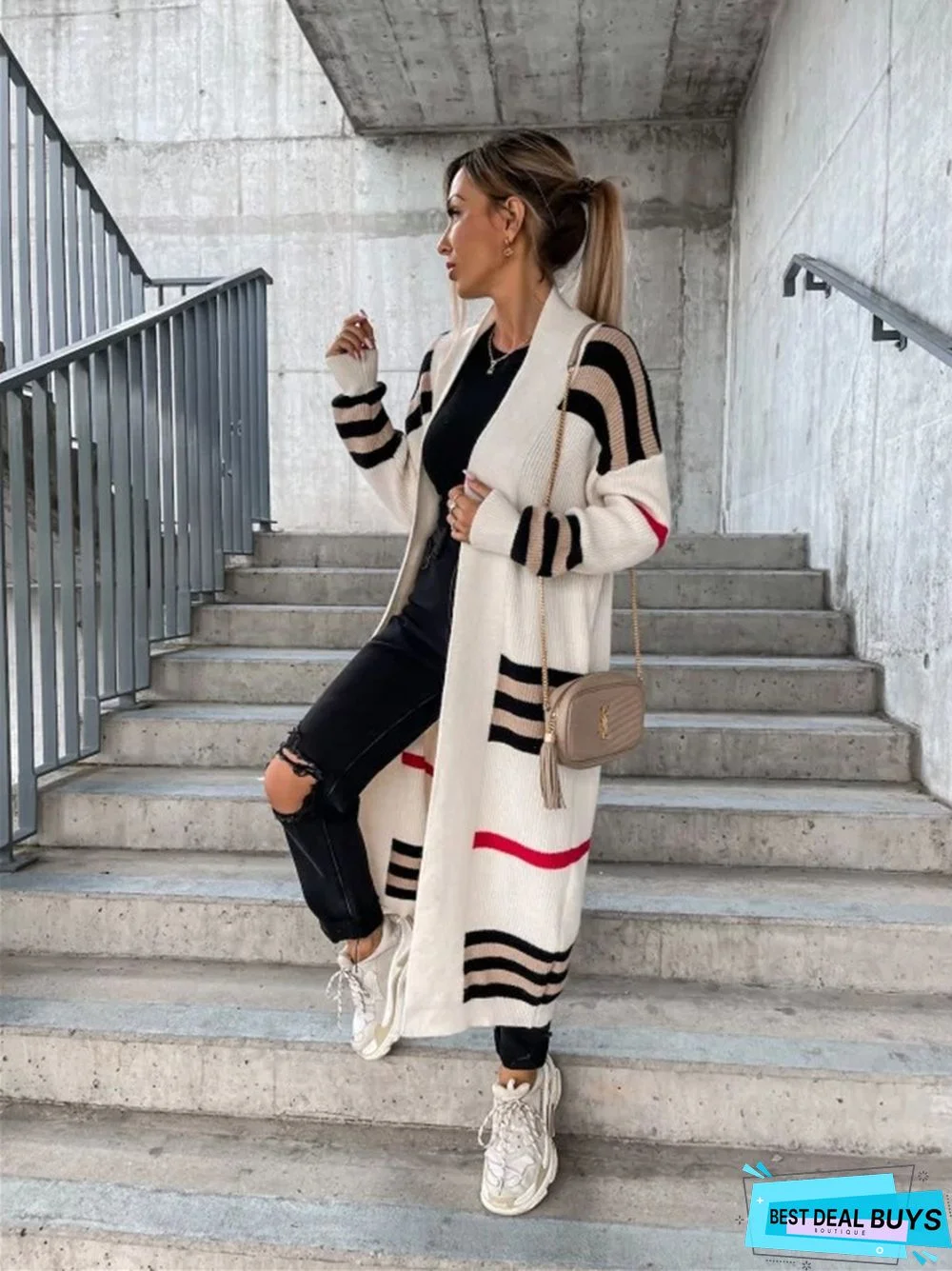 Ladies Long Cardigan Striped Knit Sweater