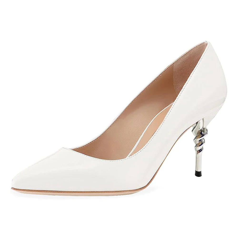 YDN Simple White Pointed Toe Decorative Heel Pumps for Women