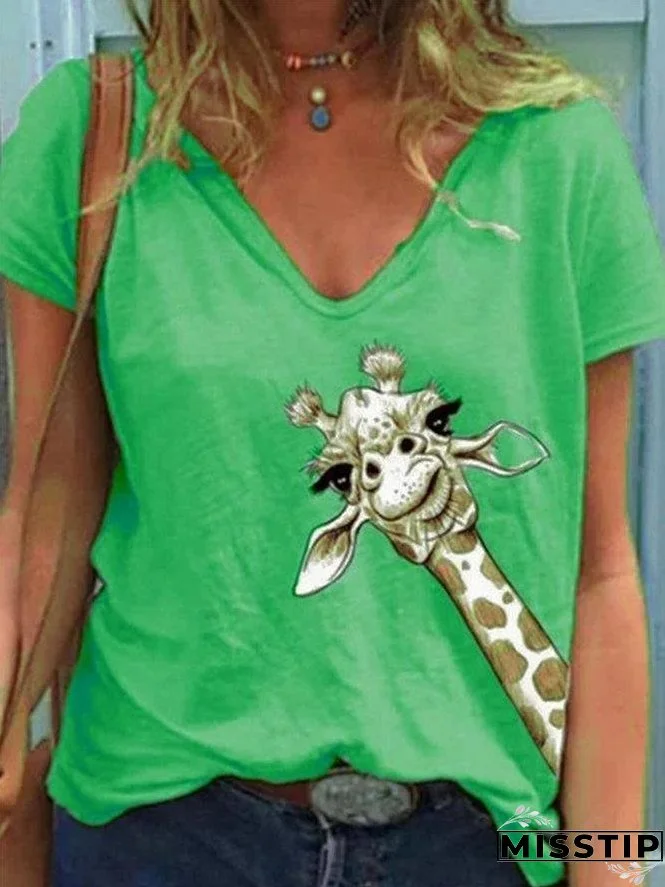 Women Simple Animal Printed V Neck Short Sleeve Tops