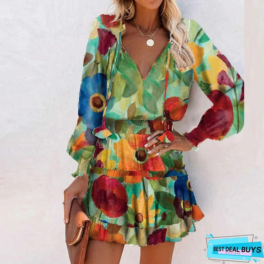 Color Printed Street Fashion V-Neck Dress