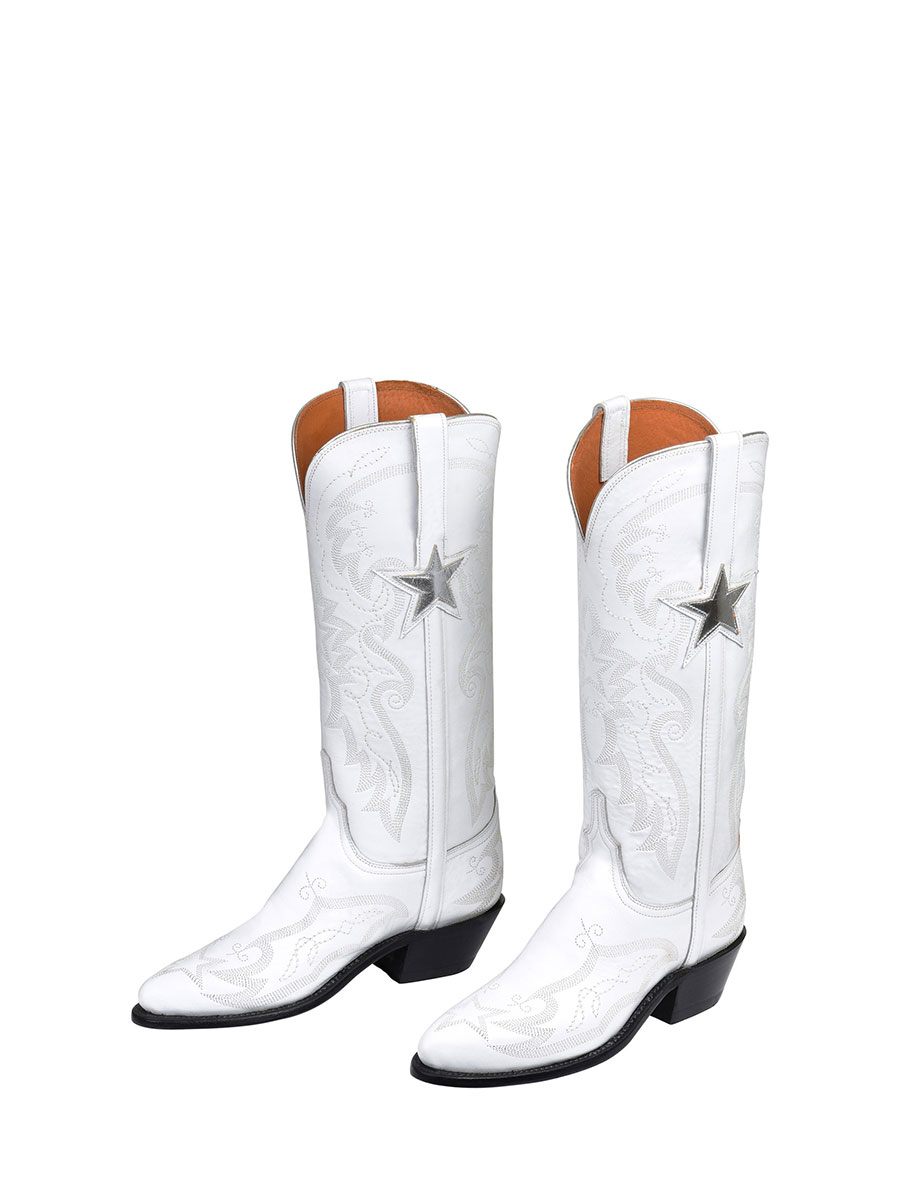 Vintage White Embroidered Silver Star Inlay Knee-High Cowgirl Boots